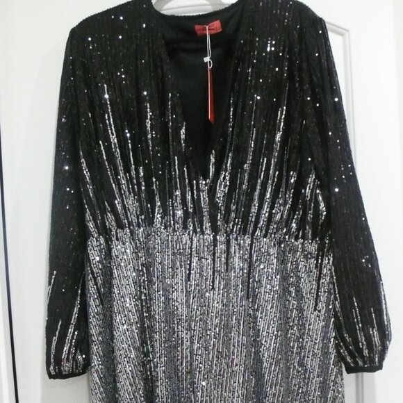 Red Dot Boutique Plus Size Long Sleeves Wrapped V Neck Sequins Dress - Picture 1 of 12